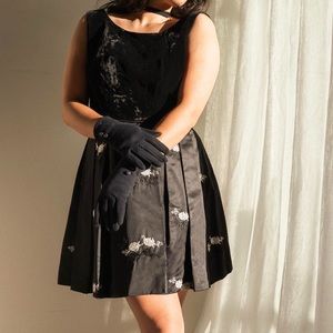 60s vintage black velvet floral brocade pleated dress